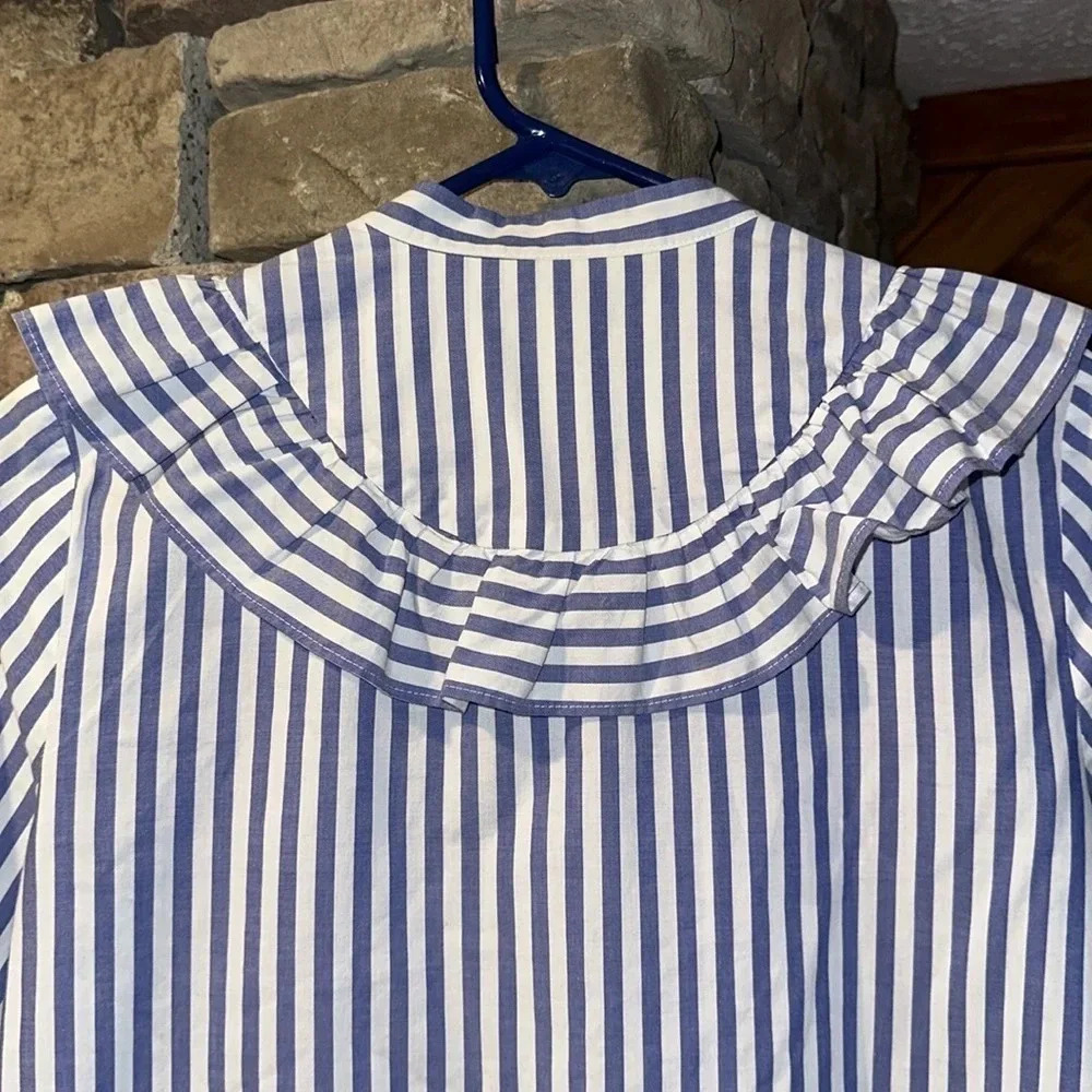 MADEWELL Whitney Striped Ruffle Top Blouse Blue / White XS Button Down Long Slv - Picture 8 of 8